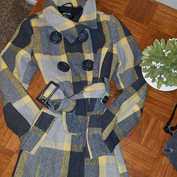 Wet Seal Jackets & Blazers - Gray/Yellow Wool Blend Plaid Coat
